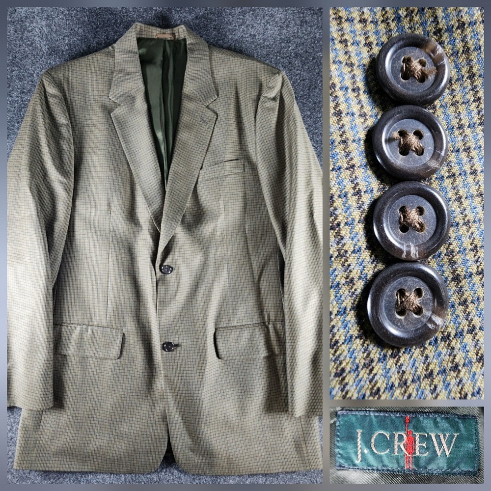 VTG J. Crew Oarsman Mens 42L Wool Blazer Sport Coat Brown Blue Plaid Made in USA
